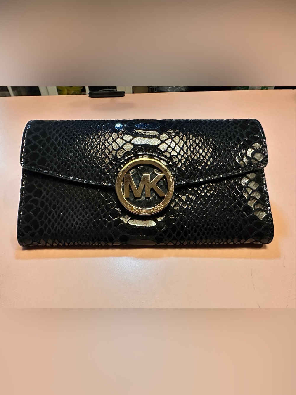 Michael Kors Fulton Black Snake-Embossed Wallet with Gold MK Emblem